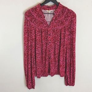 Boden Pink Floral Ruched Yoke Jersey Knit Button Front Blouse Top